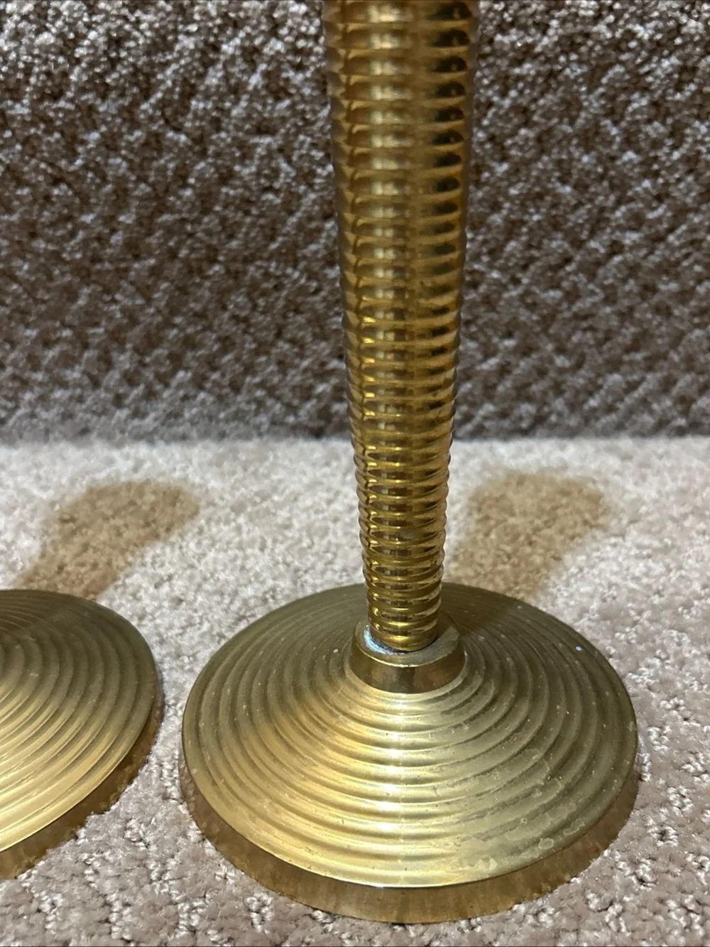 Vtg Heavy Brass candlesticks Ribbed MCM Design 10” Pair, Patina Biedermann India